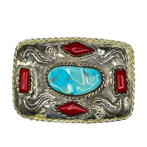 Source Unknown Other - Vintage Silver Belt Buckle With Turquoise Coral And Agate